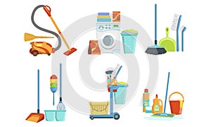 Collection of Cleaning Equipment, Household Supplies, Washing Machine, Cart with Detergent Bottles, Mop, Brush, Vacuum