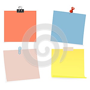 Collection of clear color lists of paper with pin and adhesive tape on the white background. Vector illustration