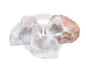 Collection of clear crystal quartz geodes with crystalline druzy center