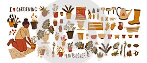 Collection of clipart with Hand drawn young black girl plants flowers in pots. Cute african woman transplants plants, doing