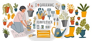 Collection of clipart with Hand drawn young girl plants flowers in pots. Cute woman transplants plants, doing gardening,