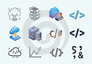 Collection of Cloud Computing Data Storage and Coding Icons in Modern Flat Style