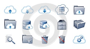 Collection of cloud computing and data storage icons isolated on white background