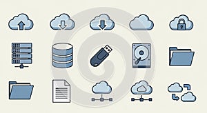 A collection of cloud computing and data storage icons. Top row