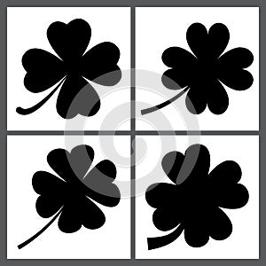 Collection of clover, St. Patrick`s day icons isolated on white. black silhouette shape