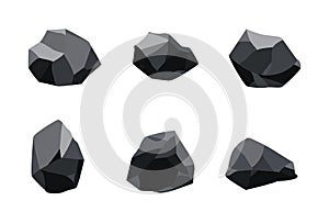 Collection of coal black mineral resources. Pieces of fossil stone. Polygonal shapes set. Black rock stones of graphite