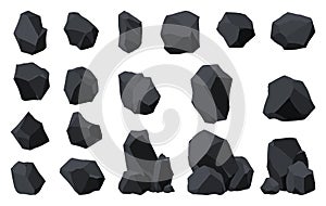 Collection of coal black mineral resources. Pieces of fossil stone. Polygonal shapes set. Black rock stones of graphite