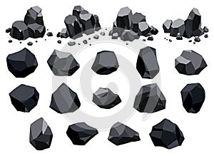 Collection of coal black mineral resources. Pieces of fossil stone. Polygonal shapes set. Black rock stones of graphite