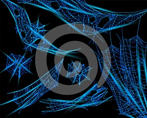 Collection of cobweb for catching insects. Neon abstract Cobweb isolated on dark background. Intricate spider web
