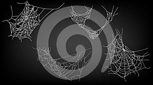 Collection of Cobweb, isolated on black background. Spider web elements horror halloween decor. Vector isolated