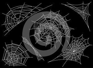 Collection of Cobweb, isolated on black, transparent background. Spiderweb for design. Spider web elements,spooky, scary