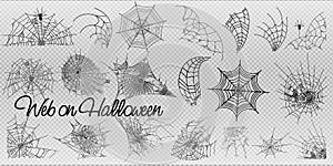 Collection of Cobweb, isolated on black, transparent background. Spiderweb for Halloween design. vector templates photo