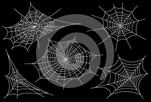 Collection of Cobweb, isolated on black, transparent background. Spiderweb for Halloween design. Spider web elements