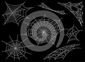 Collection of Cobweb, isolated on black, transparent background. Spiderweb for Halloween design. Spider web elements