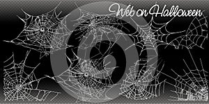 Collection of Cobweb, isolated on black, transparent background. Spiderweb for Halloween design. vector templates