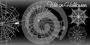 Collection of Cobweb, isolated on black, transparent background. Spiderweb for Halloween design. vector templates