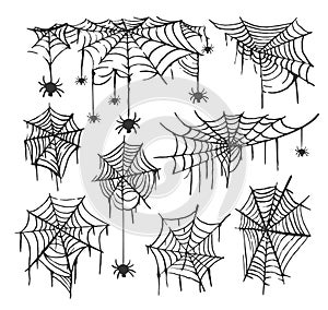 Collection of Cobweb isolated transparent background. Spiderweb for Halloween design. Spider web elements spooky and photo