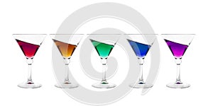 Collection of cocktail glasses filled with colorful inclined wine drink