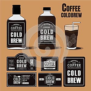 Collection of coffee cold brew labels in bottles