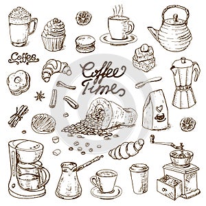 Collection of coffee doodle elements for cafe menu, fliers, chalkboard