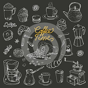Collection of coffee doodle elements for cafe menu, fliers, chalkboard on dark background photo