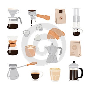Collection of coffee equipment for manual brew methods isolated vector cliparts. Hand drawn illustrations for coffee