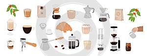 Collection of coffee equipment for manual brew methods isolated vector cliparts. Hand drawn illustrations for coffee