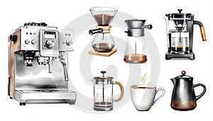 Collection of coffee making equipment and tools for perfect brew