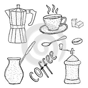 Collection of coffee sketch tool, hand drawing, vintage style. vector illustration;