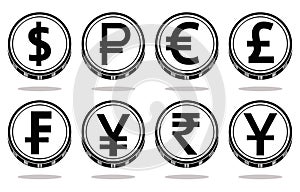 Collection of coins with black currency symbols. Vector illustration