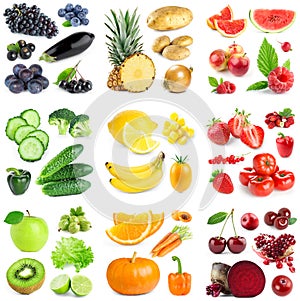 Collection of color fruits and vegetables on white background.