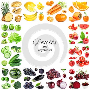 Collection of color fruits and vegetables on white background. Frame