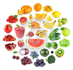 Collection of color fruits and vegetables on white background. Fresh food. Collage