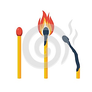 Collection color of matches. Burning match, in smoke and whole