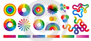 Collection of color theory colorful icons, symbols, elements. Concept graphic design
