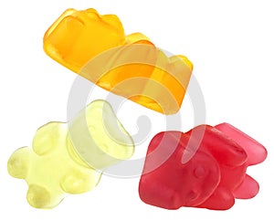 Collection of colored jelly bears isolated on white background. Jelly candy. Marmalade bears