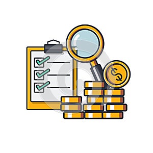 Collection colored thin icon of financial checking, magnifying glass, money coins , business and finance concept vector