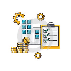 Collection colored thin icon of financial checking office ,checklist ,magnifying glass ,money coin, business and finance concept