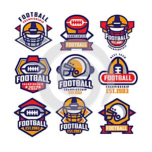 Collection of colorful American football logo. Labels with oval-shaped rugby balls and protective helmets. Sports