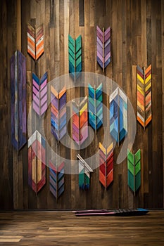 a collection of colorful arrow signs on a wooden background