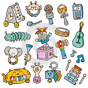 Collection of colorful baby musical toys doodles