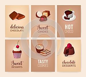 Collection of colorful banners with delicious desserts or tasty sweet courses and beverages - cookies, candies, hot