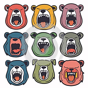 Collection colorful bear faces cartoon style, exhibiting different expressions. Bears illustrated