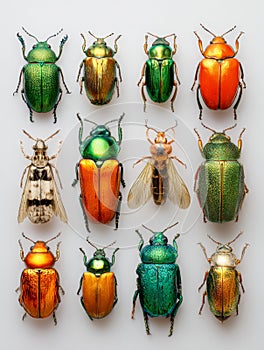 Collection of colorful beetles showcasing diverse patterns and metallic sheens