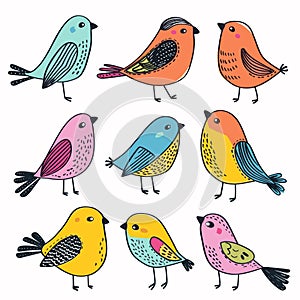 Collection colorful birds standing various poses. Whimsical illustrated songbirds diverse colors photo