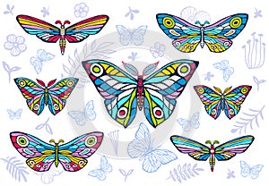 Collection of colorful butterflies on a floral background, vector set of insects, vintage style, wings, flowers, leaves.