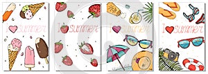 Collection of colorful cards on the summer theme. Strawberry berries, ice cream and beach accessories.