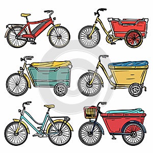 Collection colorful cargo bikes, various designs transportation delivery purposes. Familyfriendly
