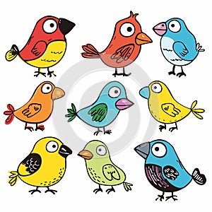 Collection colorful cartoon birds, various poses expressions. Handdrawn style, multiple cute avian photo