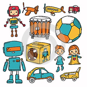 Collection colorful cartoon drawings featuring robots, vehicles, drum, soccer ball, two girls